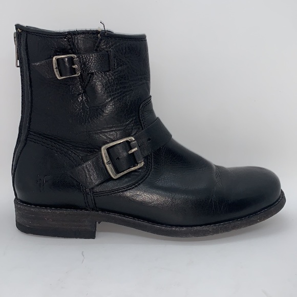 Frye Leather Ankle Moto Boots Black 8 Bikercore Strappy Buckle Zip Up - Picture 1 of 16